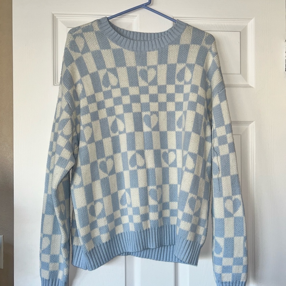 Women’s Light Blue & Cream Checker Knit Sweater